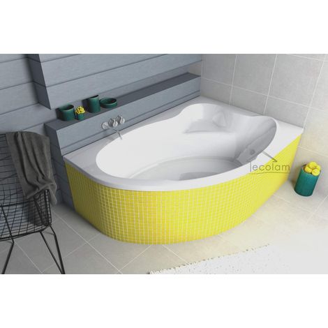 ECOLAM Baignoire d'angle Comfort acrylique blanc 140x100 cm droite + revêtement polystyrène + bonde vidange et trop-plein automatique, pieds, silicone (1/5)