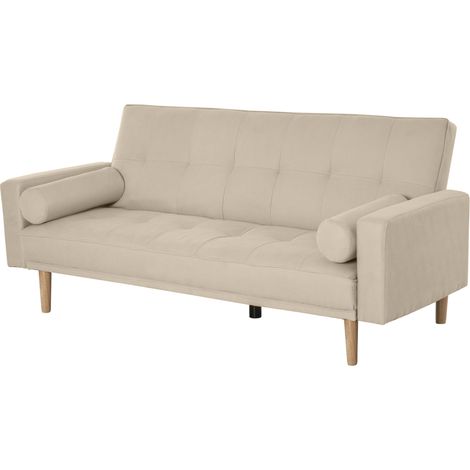Divano Letto 3 Posti con Schienale Regolabile su 3 Livelli, 2 Cuscini e Braccioli Rimovibili, Beige, 185x84x85cm