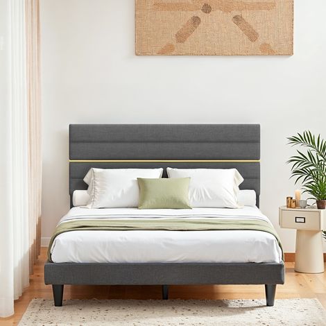 Cadre de Lit, Lit Double, Convient pour Un Matelas de 140 x 190 cm, Tête de Lit Rembourrée Ajustable, en Métal, Bois Massif, Moderne, Gris (1/5)