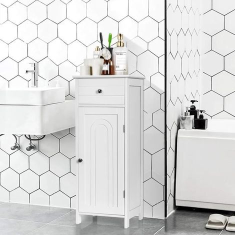 COSTWAY Meuble de Salle de Bain sur Pieds avec 1 Porte, Tiroir, 2 Étagères Réglables et Dispositif Anti-Dumping, 35x30x87,5CM, Blanc (1/3)