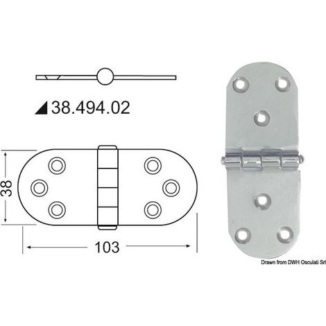Charnière inox épaisseur 2 mm - 103 x 38 mm -