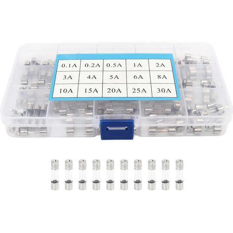 Assortiment de 150 tubes fusibles en verre (0,1 A–30 A, 15 types, 5 x 20 mm) pour la protection des circuits électriques
