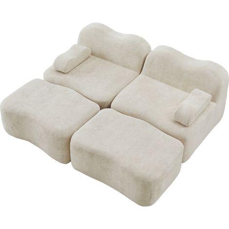 Divano modulare 2 posti con 2 pouf in velluto e schiuma ad alta densità 32D beige MODENUIT (1/5)