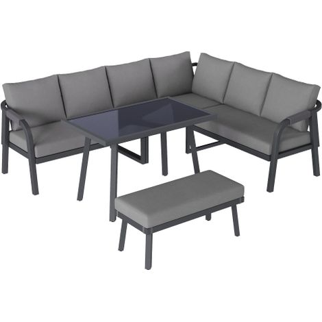 Ensemble repas jardin 8 places, accoudoirs tressés, acier galvanisé, gris