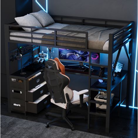 Lit mezzanine enfant 90x200 cm en métal noir, avec rangement et bureau pour chambre, FloraGrace (1/5)