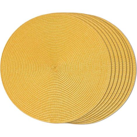 Ensemble de 8 sets de table ronds tissés jaunes, lavables, antidérapants, durables, 38 cm de diamètre. (1/5)
