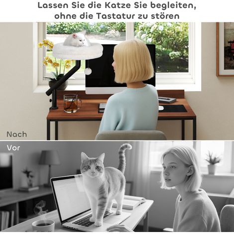 Lit d'angle rotatif 360° pour chat, hauteur ajustable, coussin détachable et lavable en machine, pour félin jusqu'à 6 kg, parfait pour domicile ou espace de travail, blanc crème (1/4)