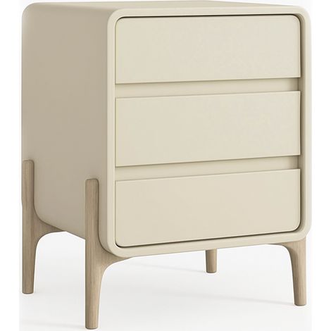Table de chevet Scandi moderne recouverte de simili cuir avec 3 tiroirs et pieds en bois naturel - Bennis Taupe