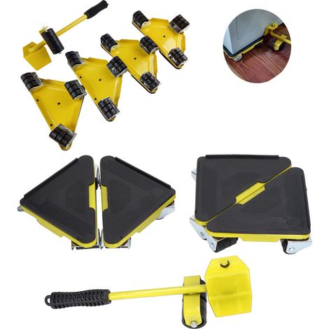 Ensemble de 5 outils de déménagement triangulaires en fer avec roulettes universelles, jaune (1/5)
