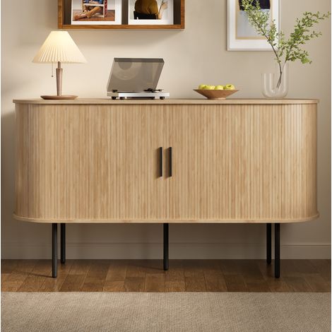 Buffet avec porte tambour coulissante, poignées en aluminium et pieds en fer, naturel, 140x40x78 cm (1/5)