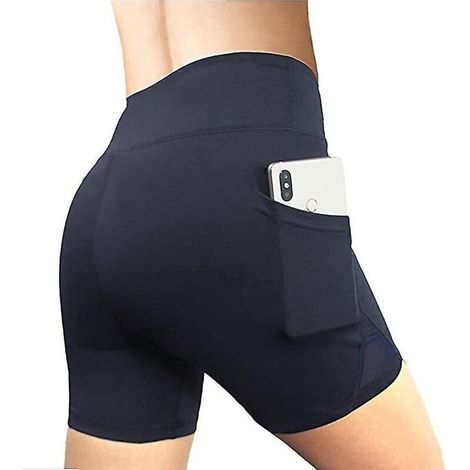 Short de sport femme à taille haute élastique avec poche pour téléphone, couleur unie, idéal pour le yoga et la course à pied - Taille L - Bleu marine foncé (1/5)