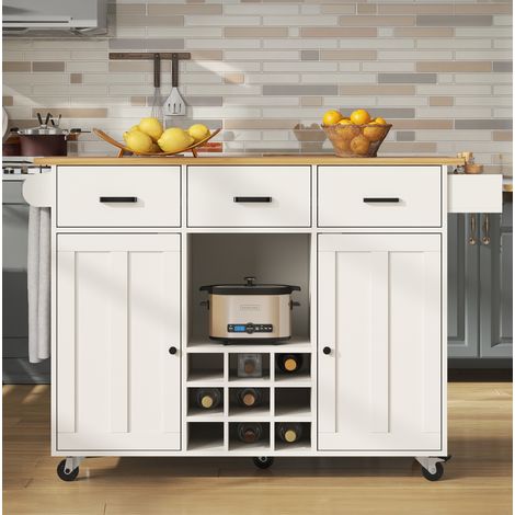 Carrello da cucina su ruote 104x39,5x91,5 cm con vassoio ribaltabile, 3 cassetti, portasciugamani, in MDF, bianco (1/5)