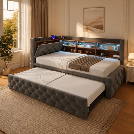 Divano letto 90x190 cm in velluto grigio scuro, LED, USB-C, contenitore OKMYHOME (1/5)