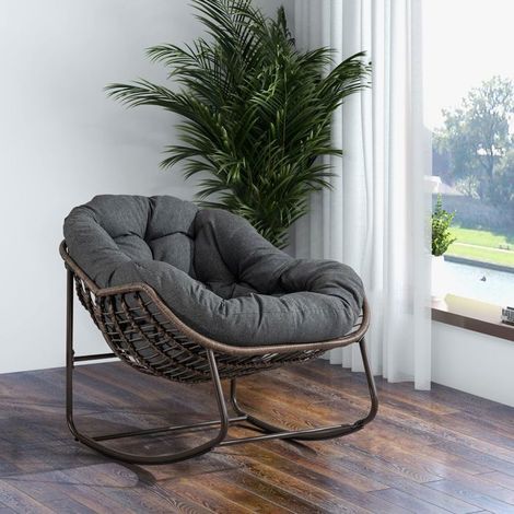 Fauteuil - WESTYLE - Oeuf - Rotin tressé - Coussin épais - Base balançante (gris foncé) (1/5)