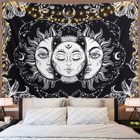 Psychedelischer Wandteppich mit Sonne und Mond, Schwarz-Weiß-Wandteppich für Schlafzimmer/Atelier (Schwarz, 148 x 200 cm) (1/4)