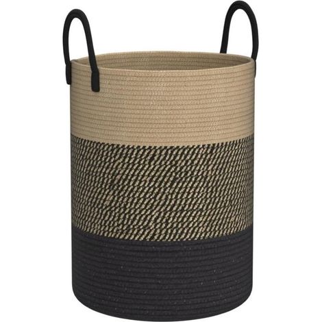Cesto portabiancheria intrecciato con manico, ideale per riporre biancheria sporca o giocattoli, 38 cm x 50 cm, beige/nero. (1/5)