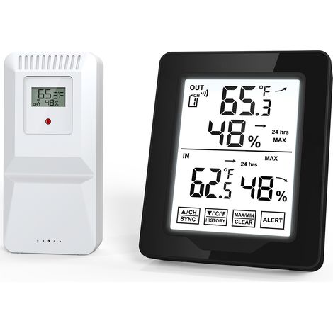 Estación meteorológica para interiores y exteriores con termómetro digital y monitor de humedad, retroiluminación blanca y medición precisa de temperatura y humedad.