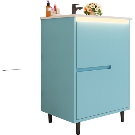 CHICFURN Mueble lavabo con patas 61 x 46,5 x 87 cm, MDF azul, lavabo cerámico, 2 cajones (1/5)