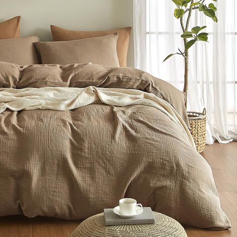 Parure de lit 3 pièces en mousseline de coton - 220 x 240 cm - Marron - Housse de couette 220 x 240 cm et 2 taies d'oreiller 80 x 80 cm - Avec boutons (1/5)