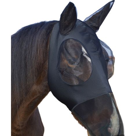 Cob, nero: Maschera antimosche per cavalli in lycra con protezione per le orecchie e gli occhi in morbida rete