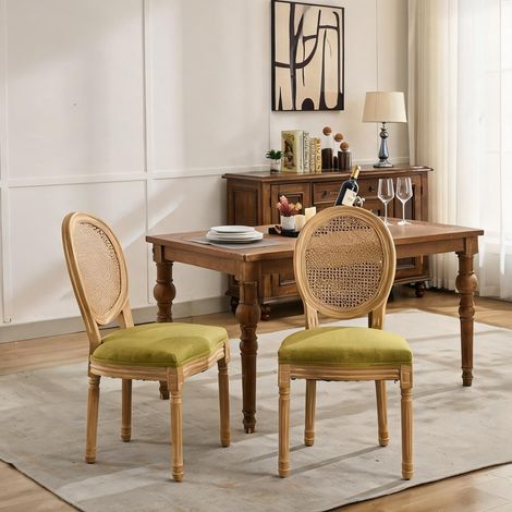 Chaise de salle à manger vintage en bois massif et rotin paire (1/5)