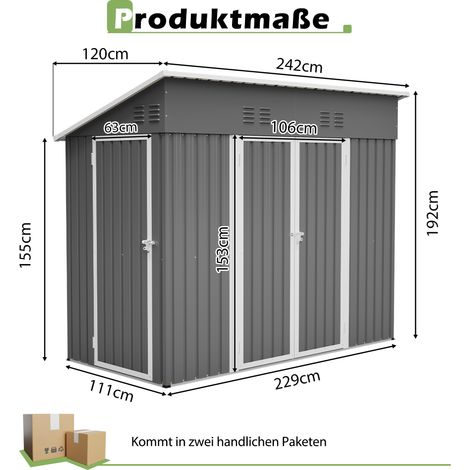 Abri de jardin métallique 122 x 244 cm avec deux portes, adossé à une porte, idéal pour ranger vos outils, convient pour le jardin, la terrasse et la cour, gris. (1/4)
