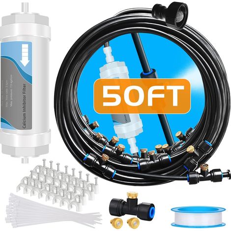 Sistema di nebulizzazione con filtro per l'acqua - Linea potenziata da 50 piedi (15 m) e 18 ugelli di nebulizzazione in ottone per kit di sistemi di nebulizzazione per il raffreddamento di patii ester (1/5)
