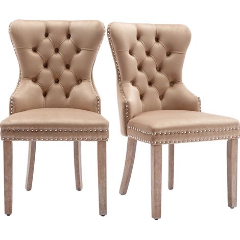 Lot 2 chaises longues marron - Coussins motifs têtes clous - Pieds bois massif - Velours - Pour cuisine, salon, détente (1/5)