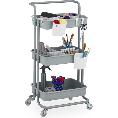 Relaxdays Rollwagen, 3 Etagen, Servierwagen, Küchenwagen für Bad & Büro, Rollregal, HBT: 86x42,5x36cm, Bastelwagen, grau