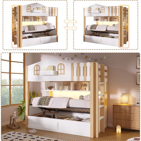 Lit superposé enfant 90x200 cm style cabane avec coffre hydraulique et LED, niche ouverte, échelle réversible, lit gain de place, blanc et naturel (1/5)