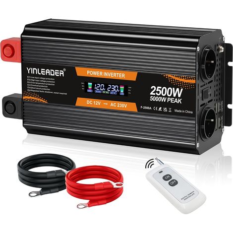 Onduleur 2500W/5000W 12V vers 230V Convertisseur de Tension avec écran LCD, 2 Prises EU et USB, pour Voiture, Camping, Camping-Car, Camion, systèmes solaires (1/5)