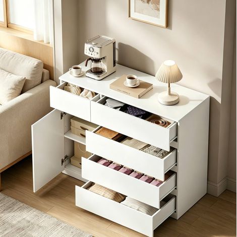 Credenza 100/40/80 cm bianca con 5 cassetti e vano con ripiano regolabile (1/5)