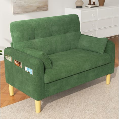 Divano 2 posti 119x78x85 cm, con 2 cuscini e tasca laterale, schienale alto, chenille verde (1/5)