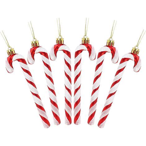 6er-Packung 13 cm große, glitzernde Zuckerstangen-Weihnachtsbaumdekorationen (Rot & Weiß) (1/5)