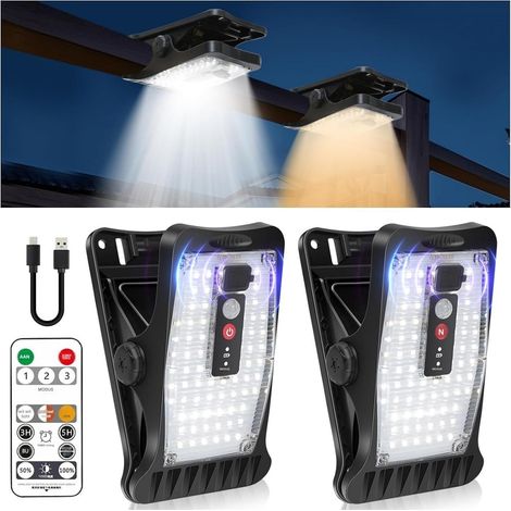 Lampara Solar Exterior - Sensor De Movimiento - 70 Led - 3 Temperaturas De Color - Carga Solar Y Usb - Mando A Distancia - Para Jardín Valla Y Canalón - 2 Unidades (1/5)