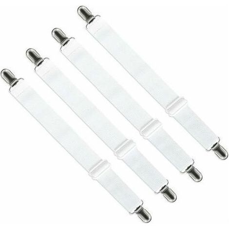 Fundas ajustables para sábanas con correas elásticas (de 33 cm a 140 cm, ancho: 2,5 cm), fundas para tabla de planchar con correas elásticas (blancas, juego de 4). (1/5)