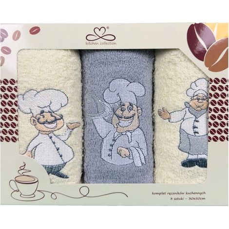 Juego de paños de cocina "Kuchcik" - estampado de chef 30x50 gris, crudo (1/2)