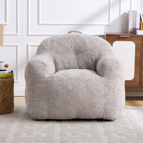 Pouf garni de mousse déchiquetée, canapé pouf en fausse fourrure avec accoudoirs, idéal pour le salon, la chambre et la lecture, aucun montage requis, gris clair (1/4)
