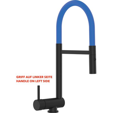Mitigeur De Cuisine Rabattable Robinet Sous Fenêtre 6CM, Poignée à GAUCHE, avec bec pivotant 360° et douchette 2-jets détachable, Noir Mat / Bleu (1/5)