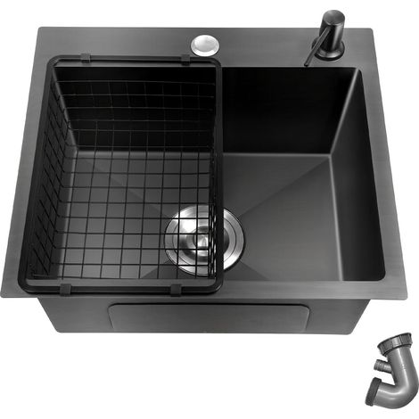 Évier Cuisine 1 Bac 40×45cm, Évier Noir Evier de Cuisine En Granit Trous Pour Robinets et Distributeur de Savon et Panier Télescopique Évier Encastrable 201 Acier Inox Avec Kit de Vidage (1/5)