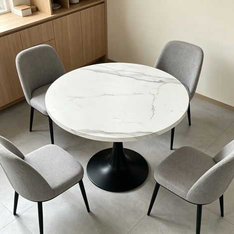 Table ronde moderne 80cm, table d'appoint pour 2-4 personnes, plateau en bois à motif marbre blanc, piètement métal noir, table de cuisine ronde pour salon, salle à manger, bureau et appartement (1/5)