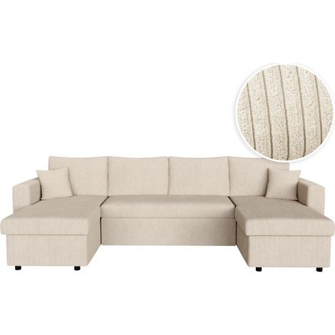 Loungitude – Canapé d'angle panoramique convertible 6 places avec 2 coffres – Velours côtelé beige – Lit d'appoint tiroir – Espace convivial (1/6)