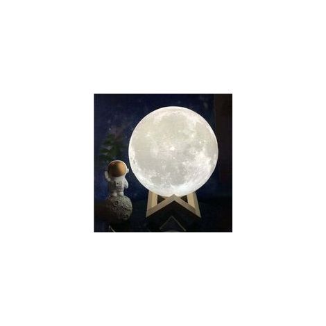 Lampada da comodino 3D a forma di luna, 15 cm – 3 colori LED – Base in legno – Ricaricabile tramite USB – Fino a 20 ore di autonomia. (1/4)
