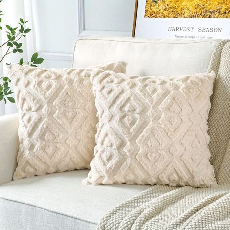Lot de 2 Doux Peluche Laine Courte Velours Décoratif Housses de Coussin Luxe Style pour Canapé Chambre Modernes Forme de Diamant Beige, 50 x 50 cm (1/5)