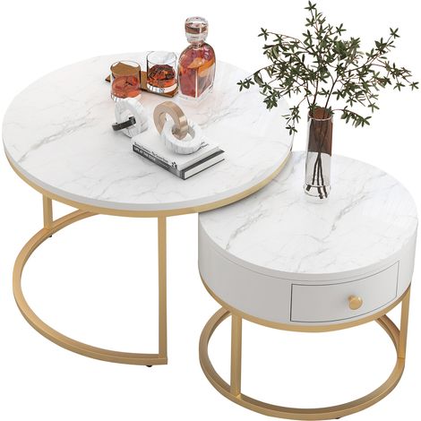 Set di 2 Tavolino da caffè rotondo 70x70x48cm portata 30 kg design marmorizzato MDF bianco per soggiorno e camera (1/5)