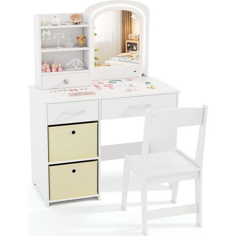 COSTWAY Coiffeuse Enfant Fille avec Chaise & Miroir Lumineux, Bureau Enfant Fille avec 3 Étagères & 3 Tiroirs & 2 Bacs en Tissu, Dispositif Anti-basculement, Charge 50/75kg pour Enfant de 3 Ans+