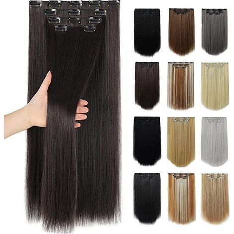 Frange foncée marron foncé, rallonges de cheveux noirs à clips, 55 cm, mèches synthétiques lisses, bon marché pour femme, lot de cheveux, cadeau de la fête des femmes. (1/5)