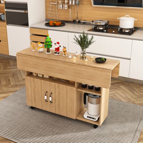 Îlot de cuisine mobile 110x70x80 cm, table à manger pliante avec rangements, 5 étagères et 5 roulettes, table multifonction, MDF, effet chêne clair