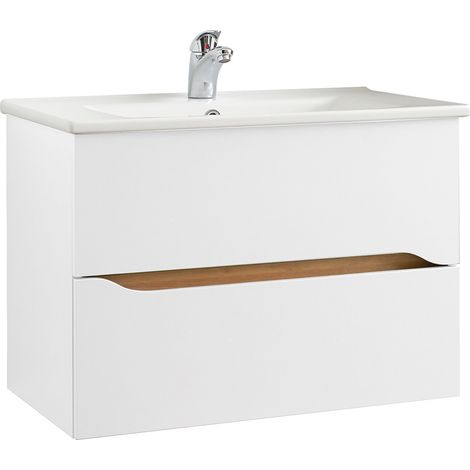 Badezimmer Waschtisch mit Keramik Waschbecken QUEIMADOS-66 in Weiß Glanz mit Weiß Hochglanz, B/H/T ca. 75/53,3/45 cm (1/5)
