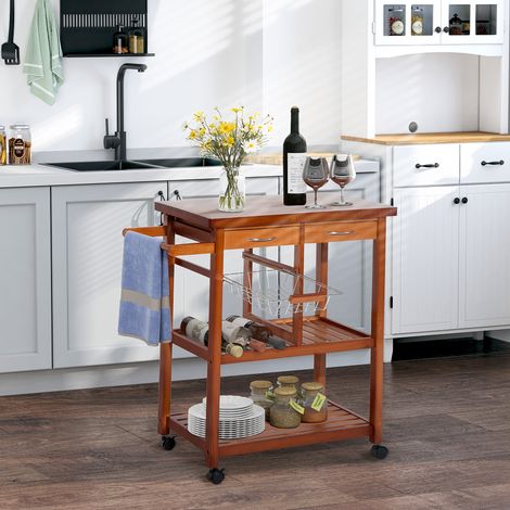 Desserte de cuisine en bois avec porte-bouteilles, panier, 2 étagères, 2 tiroirs, en pin, durable, facile à utiliser et polyvalente, 84,5 x 37,2 x 85 cm (1/5)
